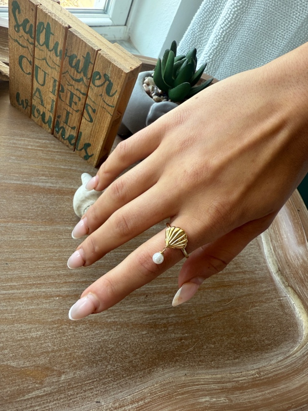 Gold Seashell Pearl Drop Ring - 316 Stainless Steel - Picture 12 of 12